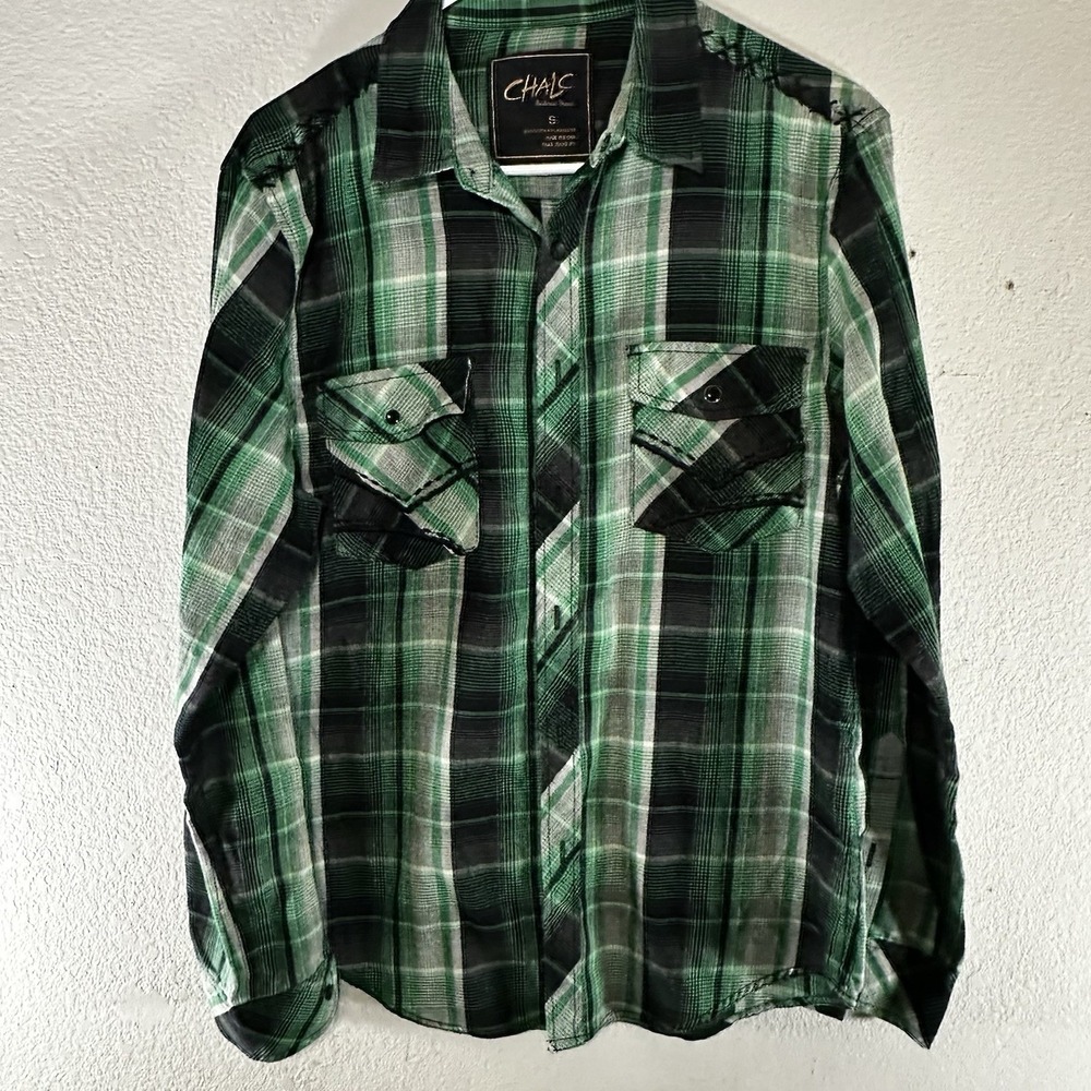 Chalc Mens Long Sleeve Western Button Up Shirt w pockets Plaid Green Size Small